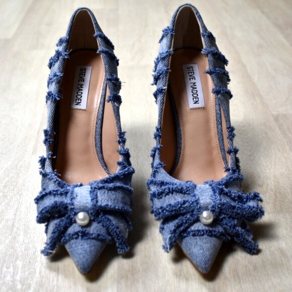 Steve Madden Barbi Blue Denim Frayed Bow Stiletto Heels Coquette - Picture 2 of 8